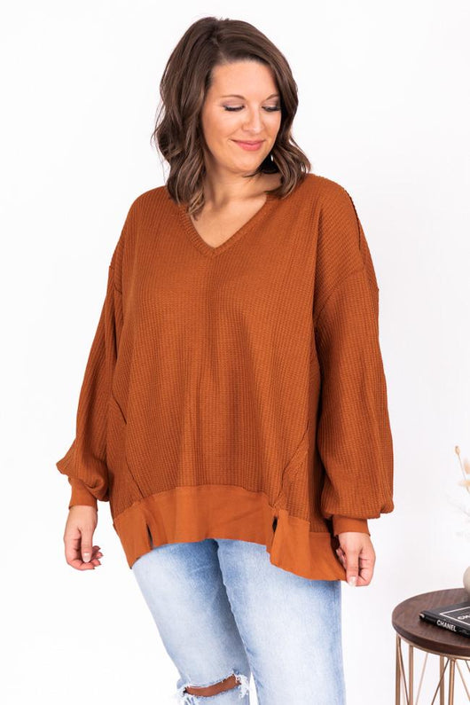 Since You've Been Gone Rust Waffle Knit V-Neck Sweater