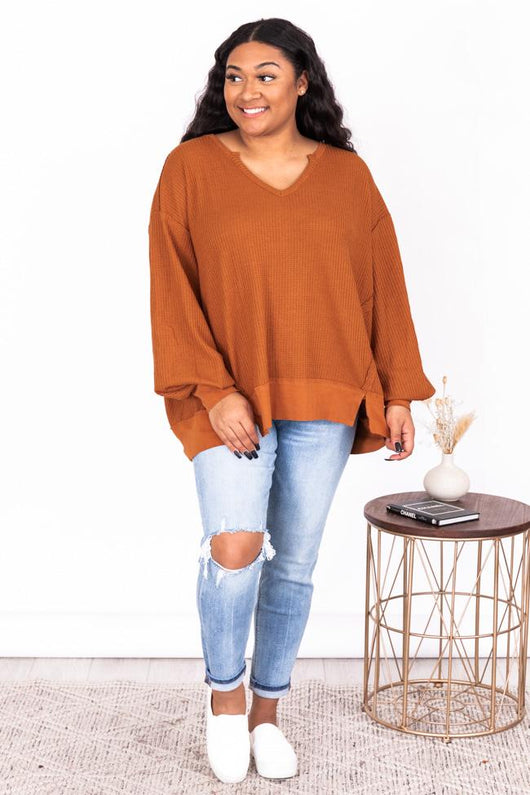 Since You've Been Gone Rust Waffle Knit V-Neck Sweater