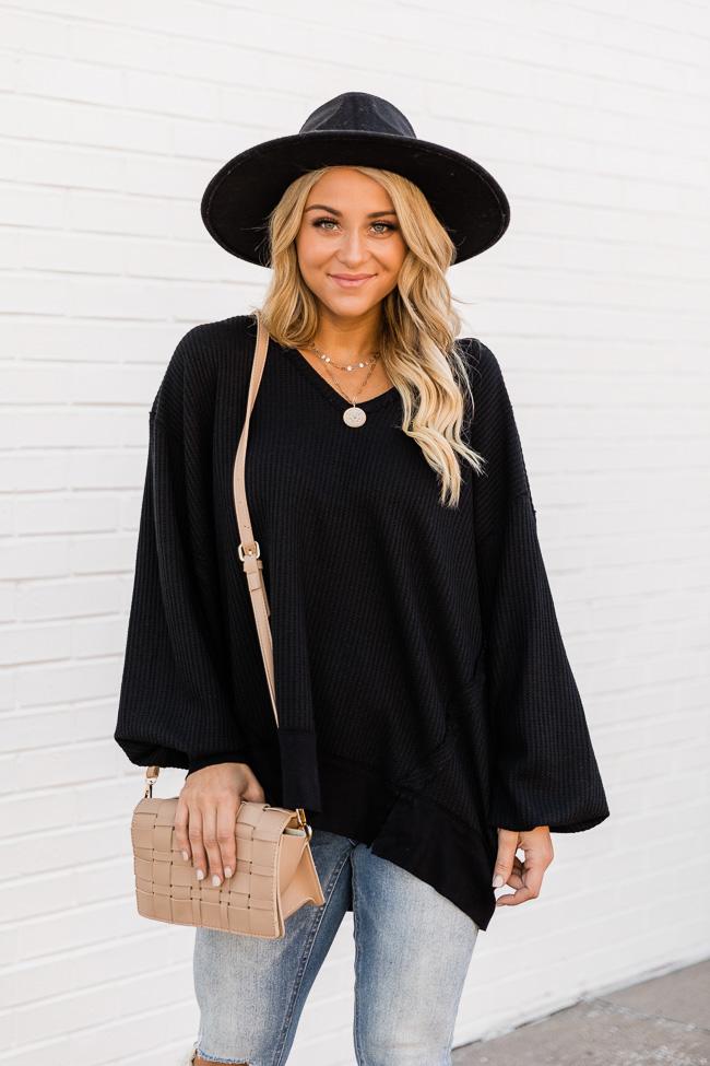 Since You've Been Gone Black Waffle Knit V-Neck Sweater