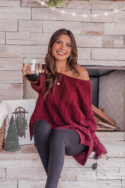 Alone With You Burgundy Cable Knit Sweater