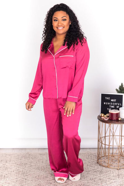 Short Story Berry Satin Button Front Lounge Top