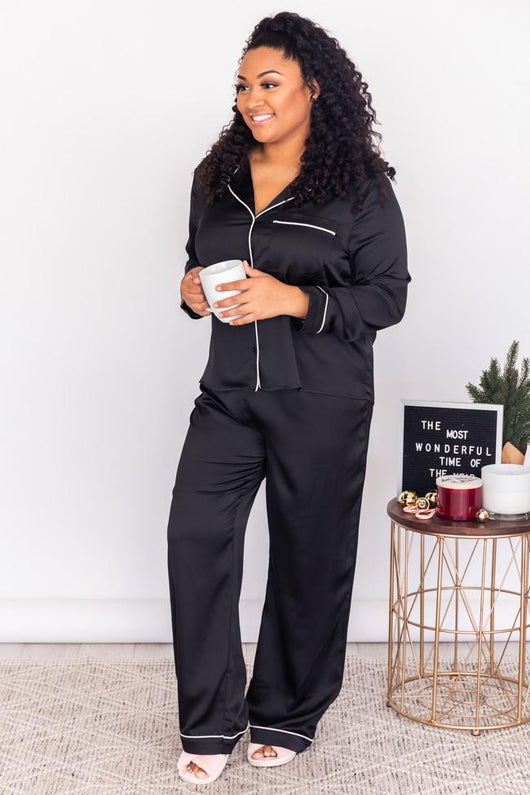 Short Story Black Satin Button Front Lounge Top