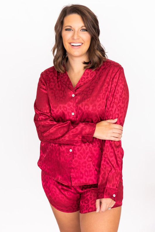 Into The Dark Red Satin Animal Print Lounge Shorts