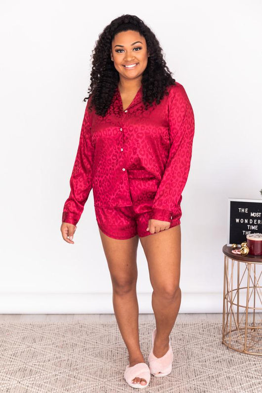 Into The Dark Red Satin Animal Print Lounge Shorts