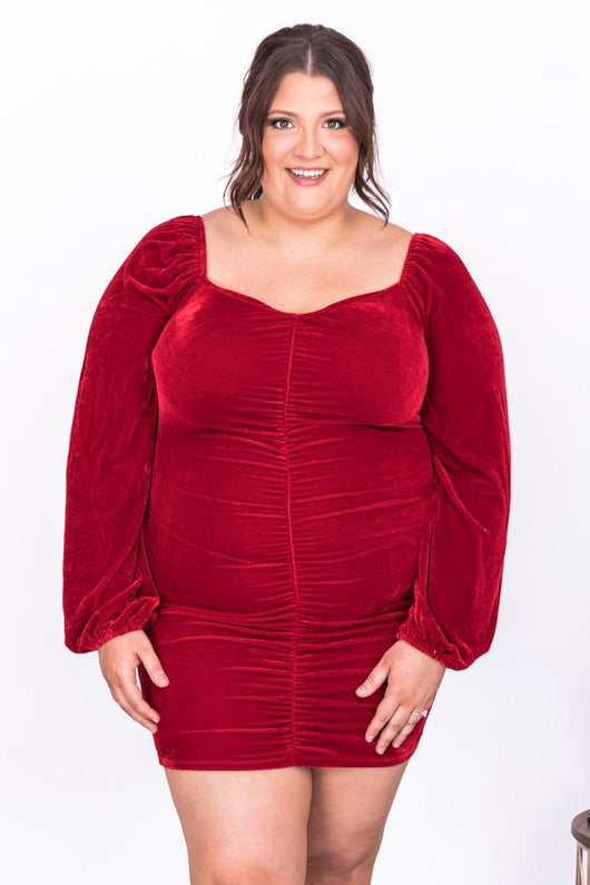 Call It A Night Red Velvet Ruched Dress