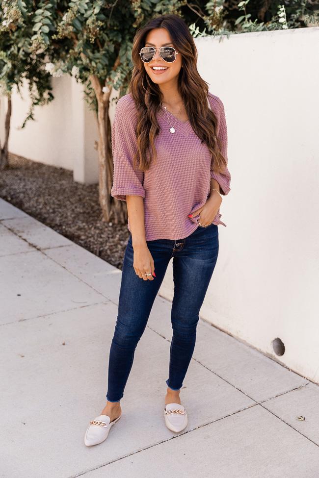 From Out Of Town Waffle Knit Mauve Pullover