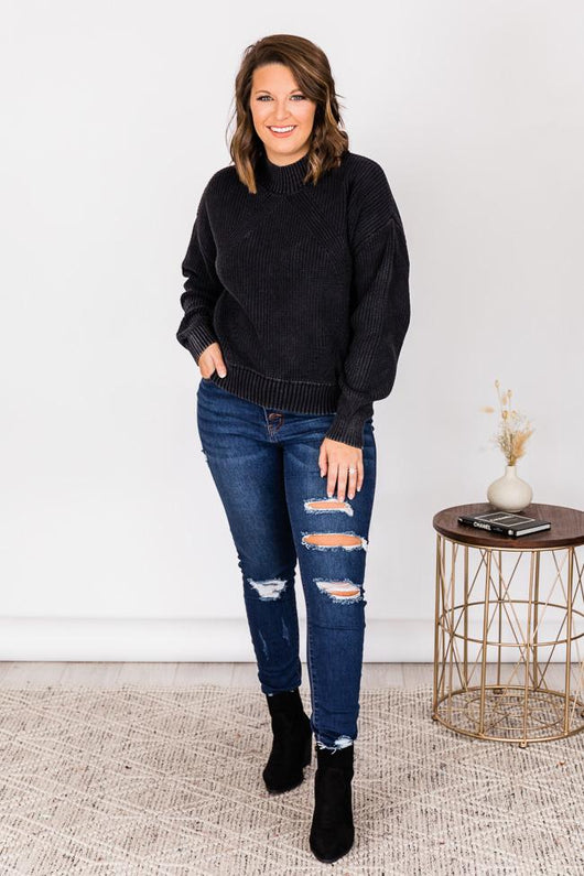 Call You Tonight Black Acid Wash Mock Neck Sweater