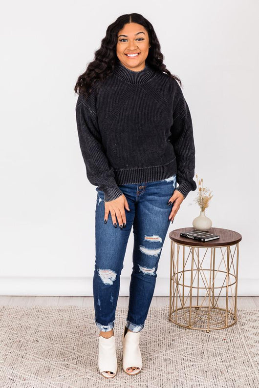 Call You Tonight Black Acid Wash Mock Neck Sweater
