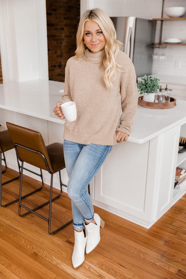 Taking The Lead Beige Fuzzy Turtleneck Sweater