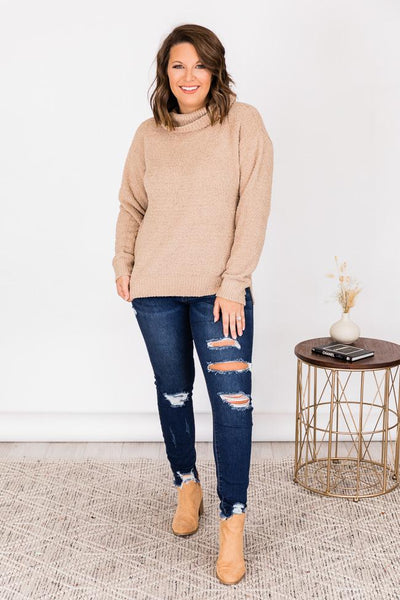Taking The Lead Beige Fuzzy Turtleneck Sweater