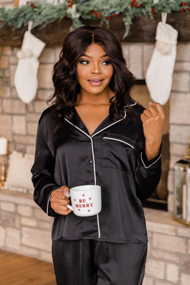 Short Story Black Satin Button Front Lounge Top