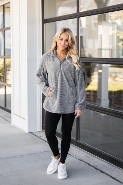 Around The Clock Grey Quarter Zip Sherpa Pullover