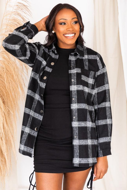 Greatness With Time Black Plaid Flannel Shacket
