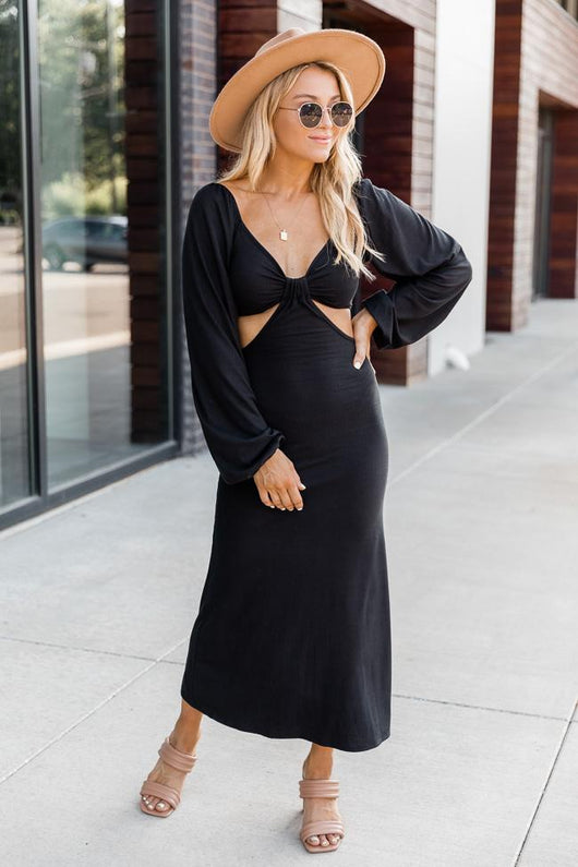 Telling A Story Black Long Sleeve Cutout Dress
