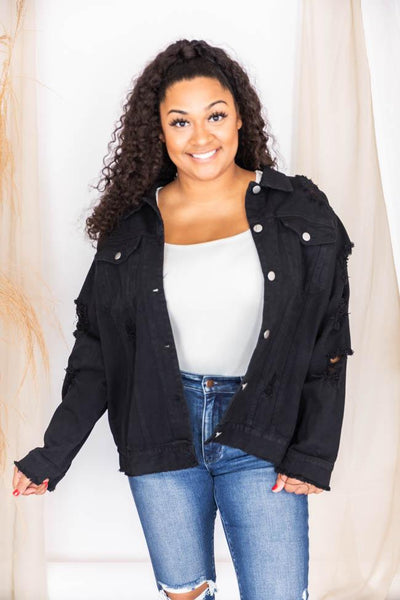Shades Of You Black Oversized Distressed Denim Jacket