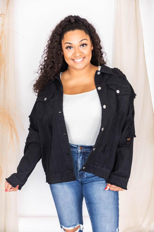 Shades Of You Black Oversized Distressed Denim Jacket