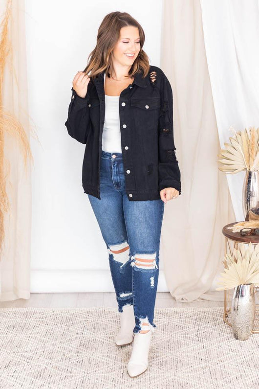 Shades Of You Black Oversized Distressed Denim Jacket