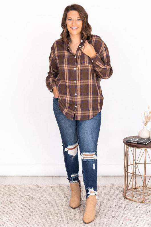 Desert Romance Brown Lightweight Plaid Blouse