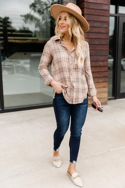 Start The Day Right Beige Plaid Flannel Blouse