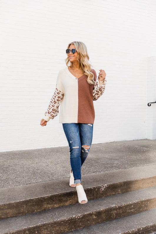 Not Over Yet Brown Colorblock Leopard Sweater