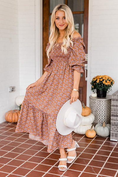 Early Sunrise Rust Off The Shoulder Maxi Dress FINAL SALE