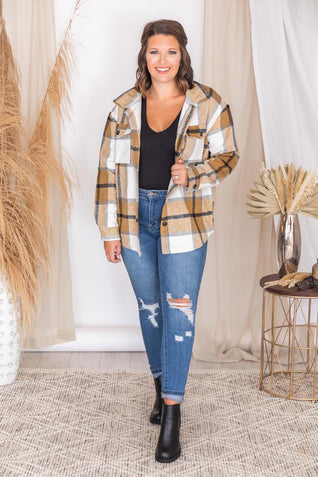 Radio Songs Tan/Mocha Plaid Shacket
