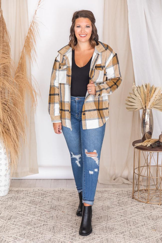 Radio Songs Tan/Mocha Plaid Shacket