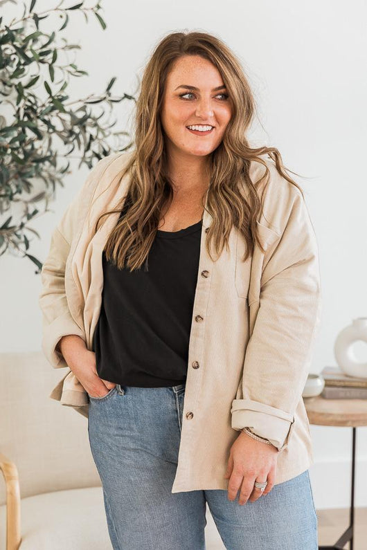 DARYL-ANN DENNER X PINK LILY Madison Jersey Lined Beige Cord Shacket