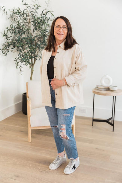 DARYL-ANN DENNER X PINK LILY Madison Jersey Lined Beige Cord Shacket