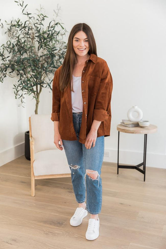 DARYL-ANN DENNER X PINK LILY Madison Jersey Lined Rust Cord Shacket