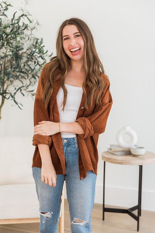 DARYL-ANN DENNER X PINK LILY Madison Jersey Lined Rust Cord Shacket