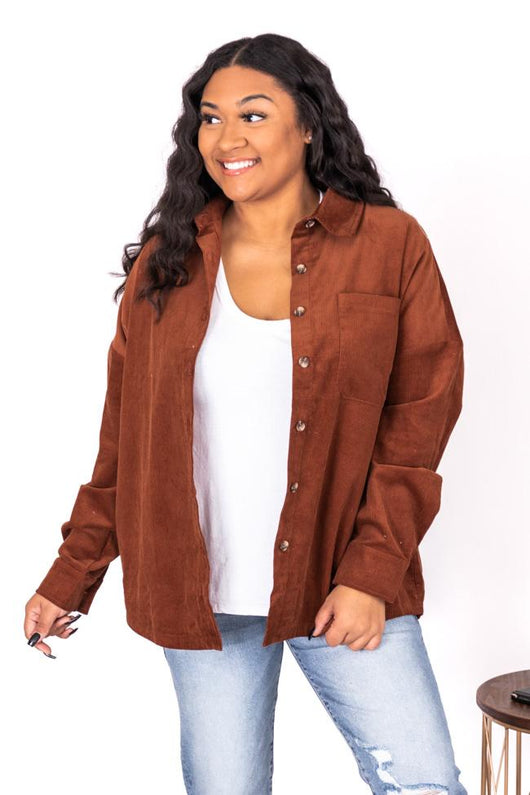 DARYL-ANN DENNER X PINK LILY Madison Jersey Lined Rust Cord Shacket
