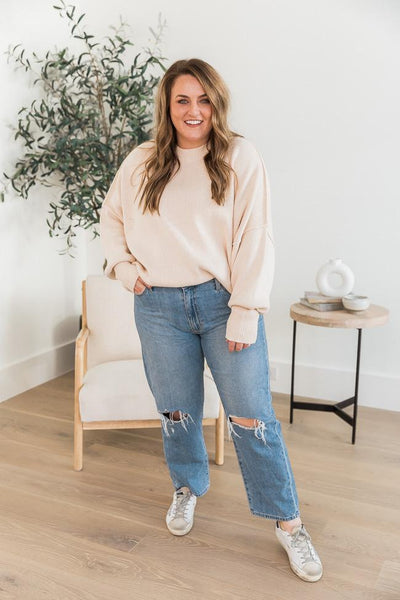 DARYL-ANN DENNER X PINK LILY Danielle Beige Oversized Crew Neck Sweater