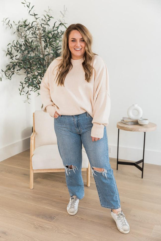 DARYL-ANN DENNER X PINK LILY Danielle Beige Oversized Crew Neck Sweater