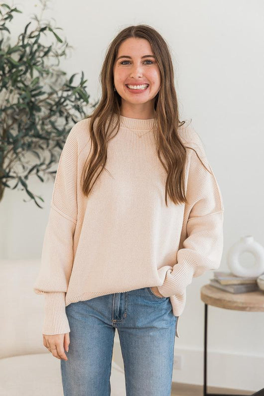 DARYL-ANN DENNER X PINK LILY Danielle Beige Oversized Crew Neck Sweater