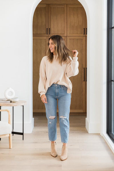 DARYL-ANN DENNER X PINK LILY Danielle Beige Oversized Crew Neck Sweater