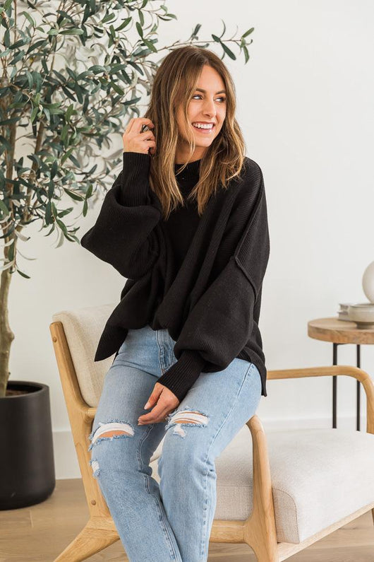DARYL-ANN DENNER X PINK LILY Danielle Black Oversized Crew Neck Sweater