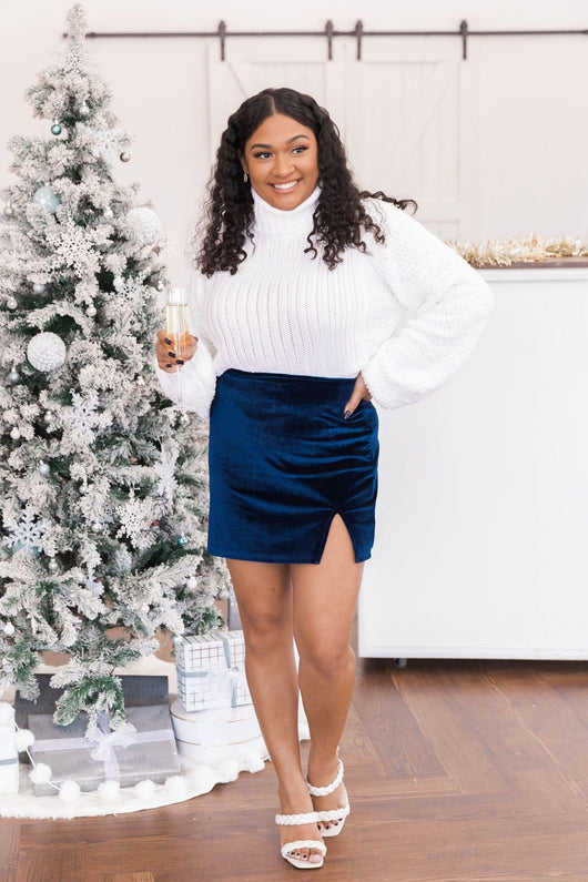 Worthwhile Moments Navy Velvet Side Slit Skirt