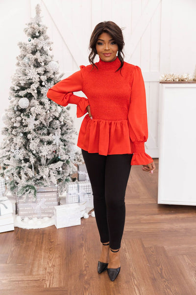 Dancefloor Heartbreak Red Smocked Turtleneck Blouse