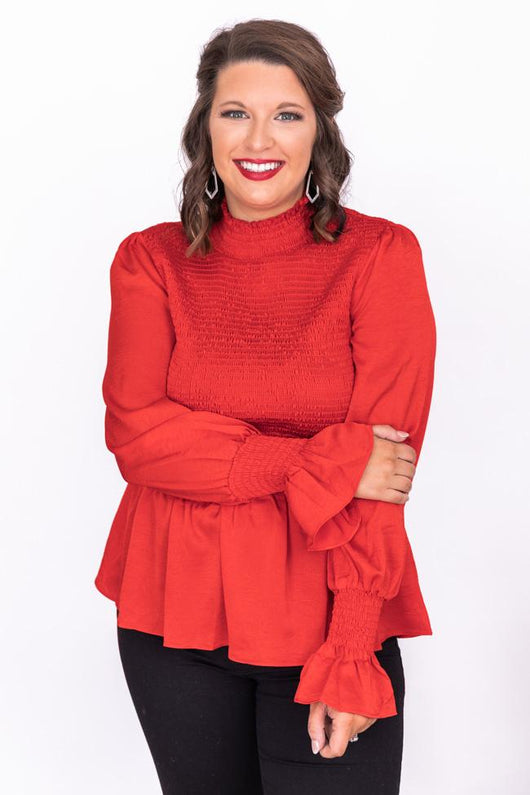 Dancefloor Heartbreak Red Smocked Turtleneck Blouse