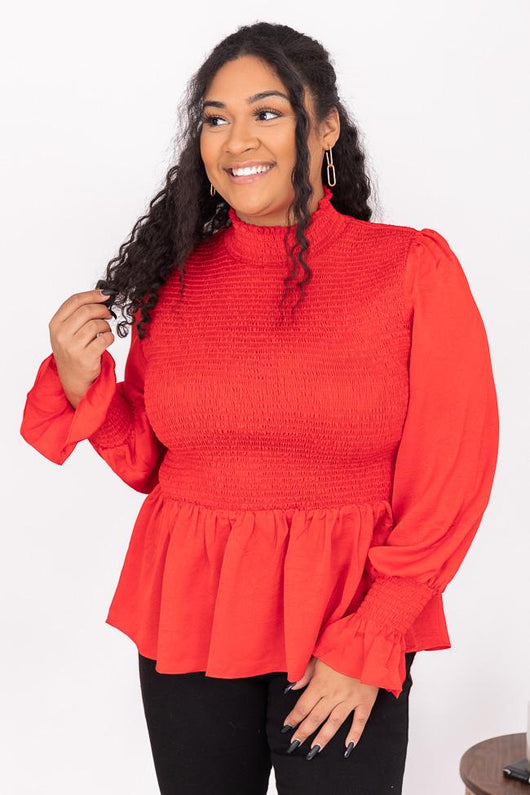 Dancefloor Heartbreak Red Smocked Turtleneck Blouse