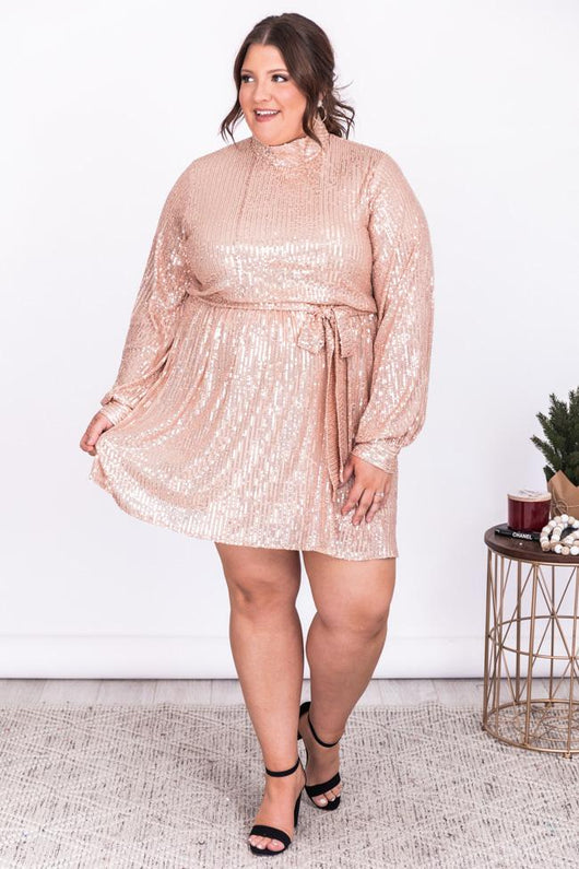 Making Plans Mock Neck Rose Gold Sequin Dress