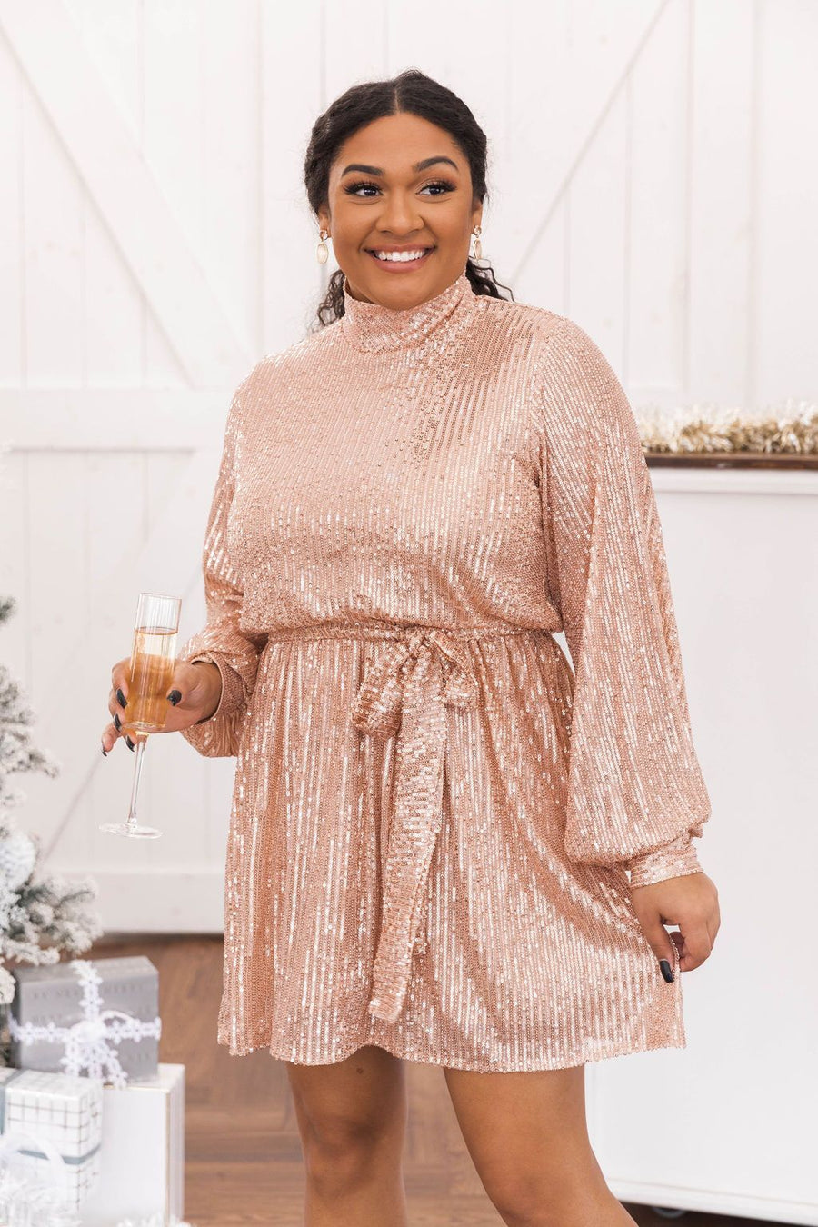 Making Plans Mock Neck Rose Gold Sequin Dress