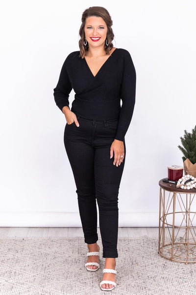 Forgiven Heart Black V-neck Wrap Sweater