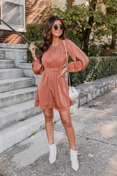 When You See Me Rust Satin Cut Out Mini Dress