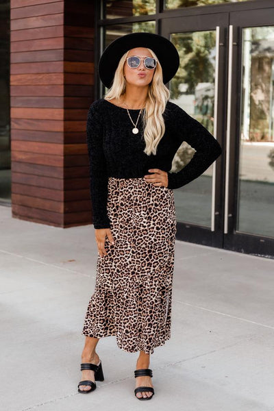 Among The Wild Brown Leopard Print Midi Skirt