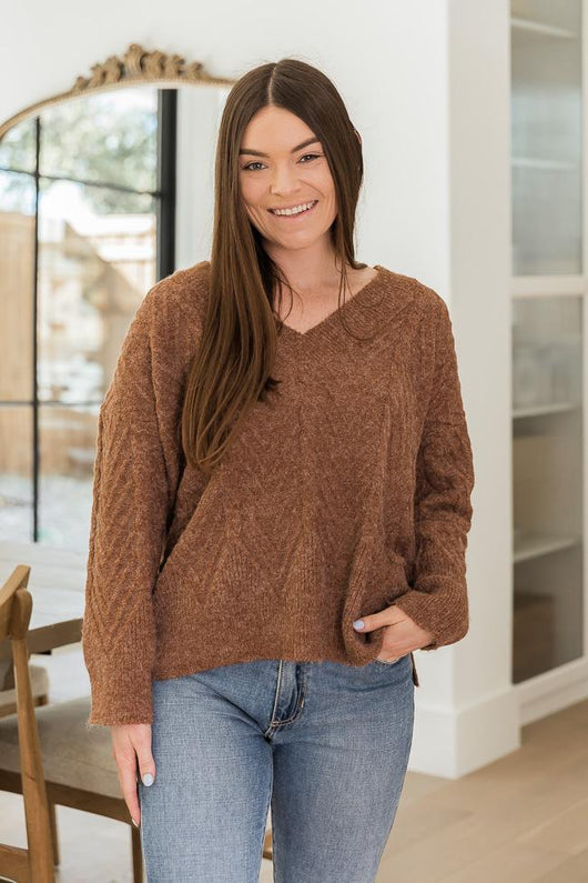 DARYL-ANN DENNER X PINK LILY Elayne Brown Herringbone Textured Sweater