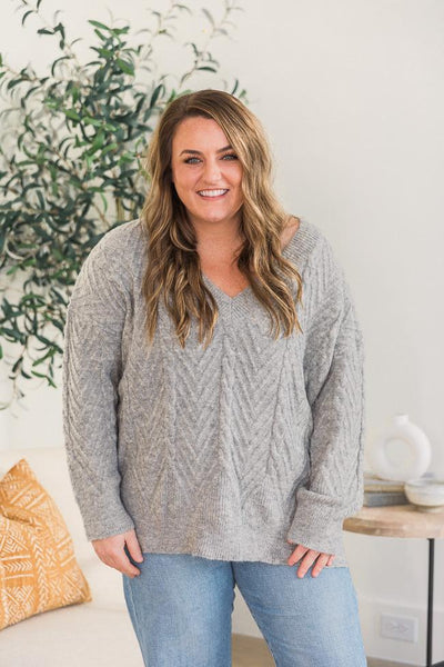 DARYL-ANN DENNER X PINK LILY Elayne Grey Herringbone Textured Sweater