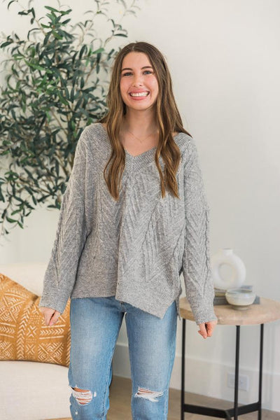DARYL-ANN DENNER X PINK LILY Elayne Grey Herringbone Textured Sweater