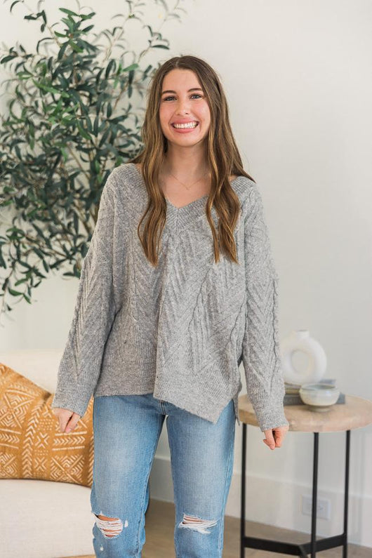 DARYL-ANN DENNER X PINK LILY Elayne Grey Herringbone Textured Sweater